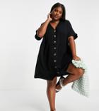 Asos Design Curve V Neck Button Through Mini Smock Dress In Black