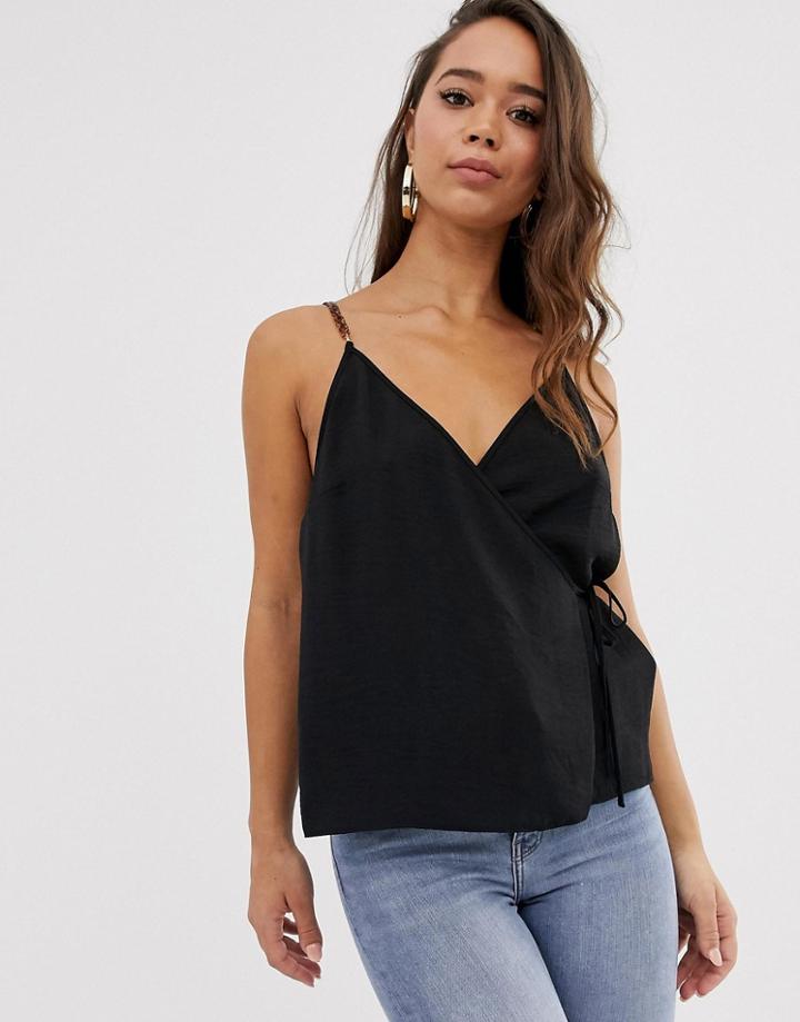 Asos Design Wrap Cami With Chain Strap Detail-black