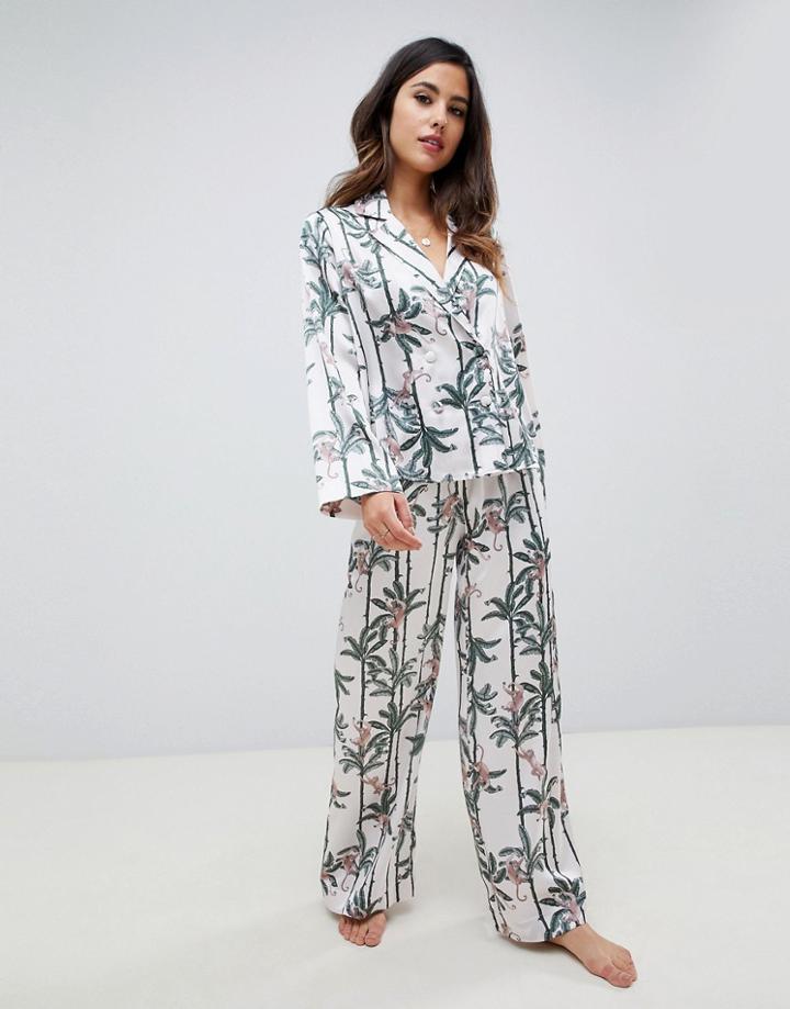 Asos Design Monkey Print Double Breasted Shirt And Pants Pyjama Set - Beige