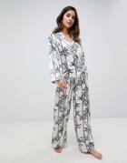 Asos Design Monkey Print Double Breasted Shirt And Pants Pyjama Set - Beige