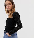 Bershka Shirred Crop Top With Lace Detail In Black - White