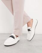 Asos Design Driving Shoes In White Faux Leather And Tape Detail