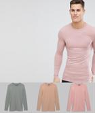 Asos Design 3 Pack Muscle Fit Longline Long Sleeve Crew Neck T-shirt Save - Multi