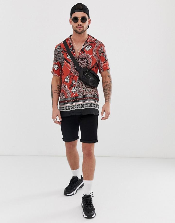 River Island Shirt With Tile Border Print In Rust - Orange