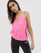 Asos Design Sequin Cami With V Neck In Neon - Pink