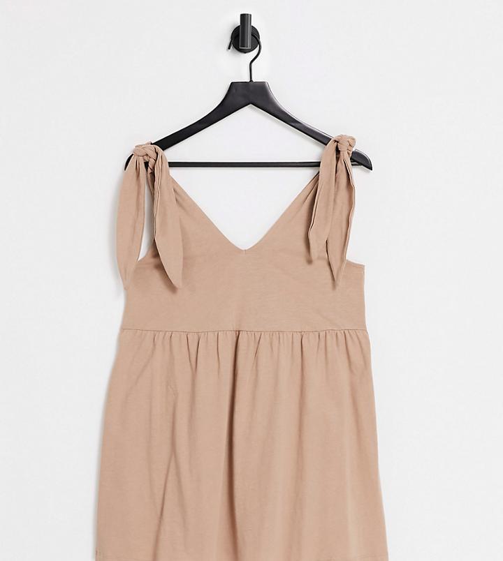 Asos Design Petite Bunny Tie Shoulder Mini Smock Dress In Stone-white