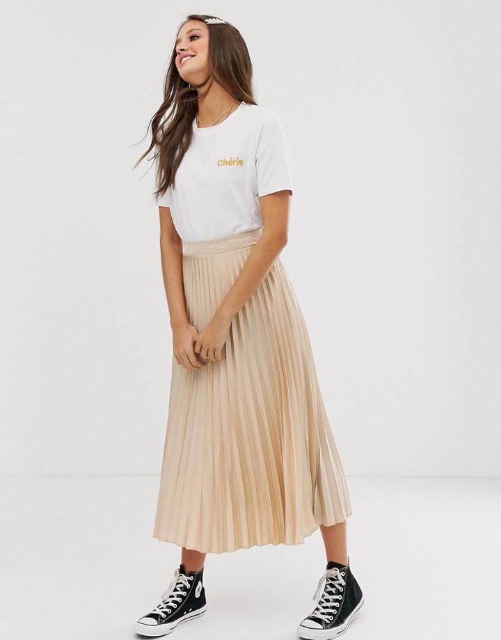 New Look Pleated Midi Skirt In Oyster-stone
