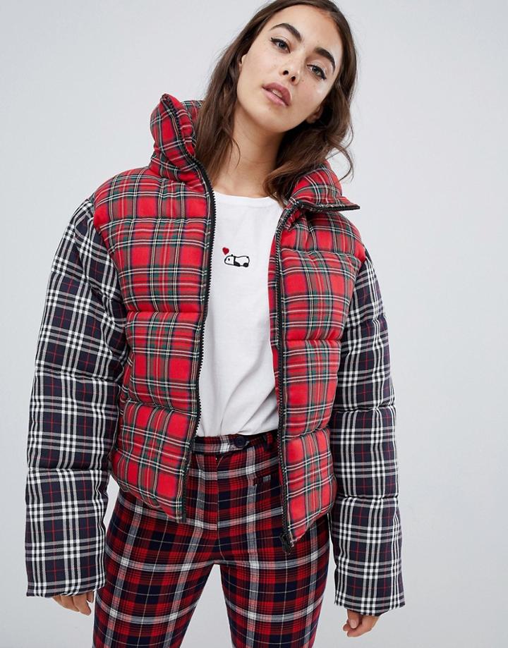 Asos Design Plaid Oversized Neck Padded Jacket - Multi