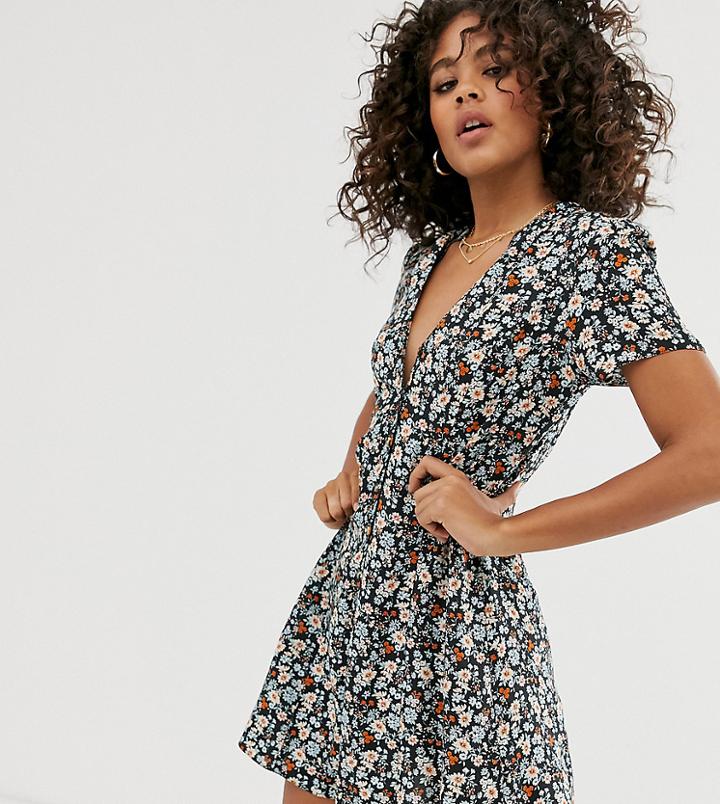 New Look Tall Tea Dress In Black Ditsy Floral Print