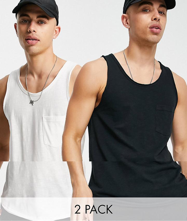 Jack & Jones Originals 2 Pack Longline Tank In Black & White