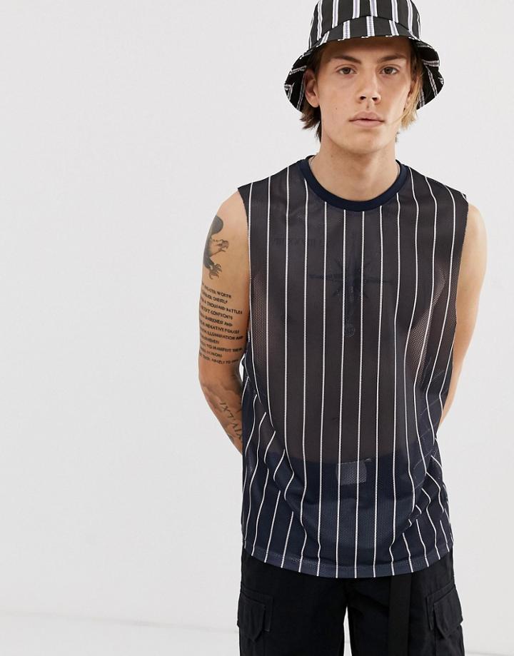 Asos Design Relaxed Sleeveless T-shirt With Vertical Stripe In Mesh - Navy