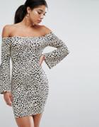 Asos Off Shoulder Bodycon Mini Dress With Trumpet Sleeves In Animal Print - Multi