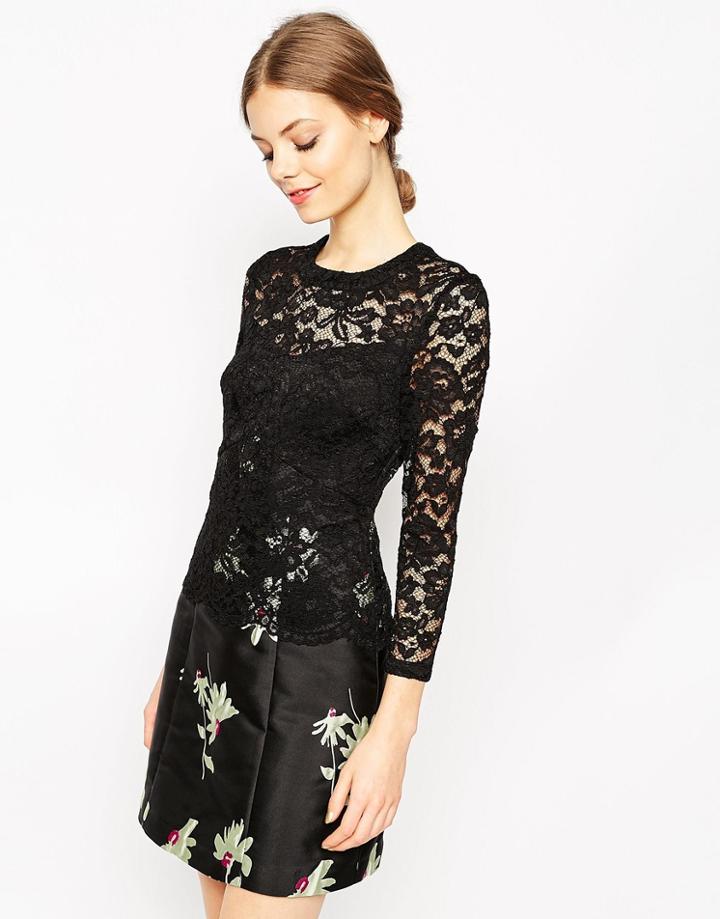Asos Premium Jacquard And Lace Skater Dress - Black