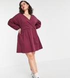 Asos Design Curve Wrap Front Long Sleeve Smock Dress-red