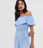 Asos Design Tall Off Shoulder Ruffle Romper With Shirring - Blue