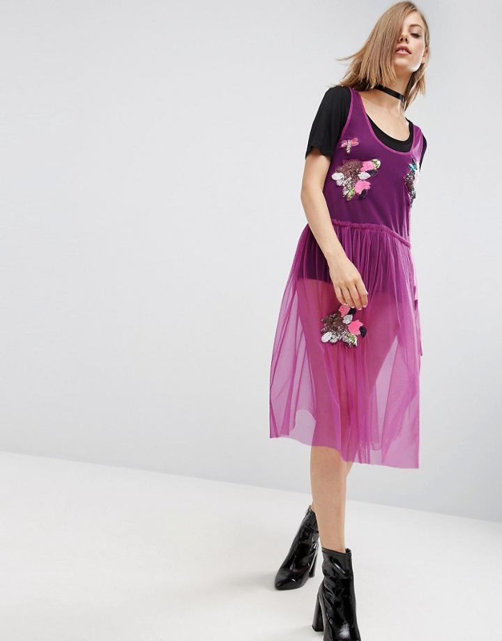 Asos Mesh Smock Midi Dress With Sequin Badges - Purple