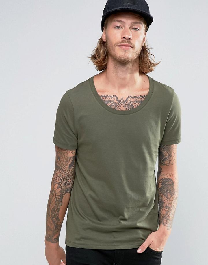 Asos T-shirt With Scoop Neck In Khaki - Green