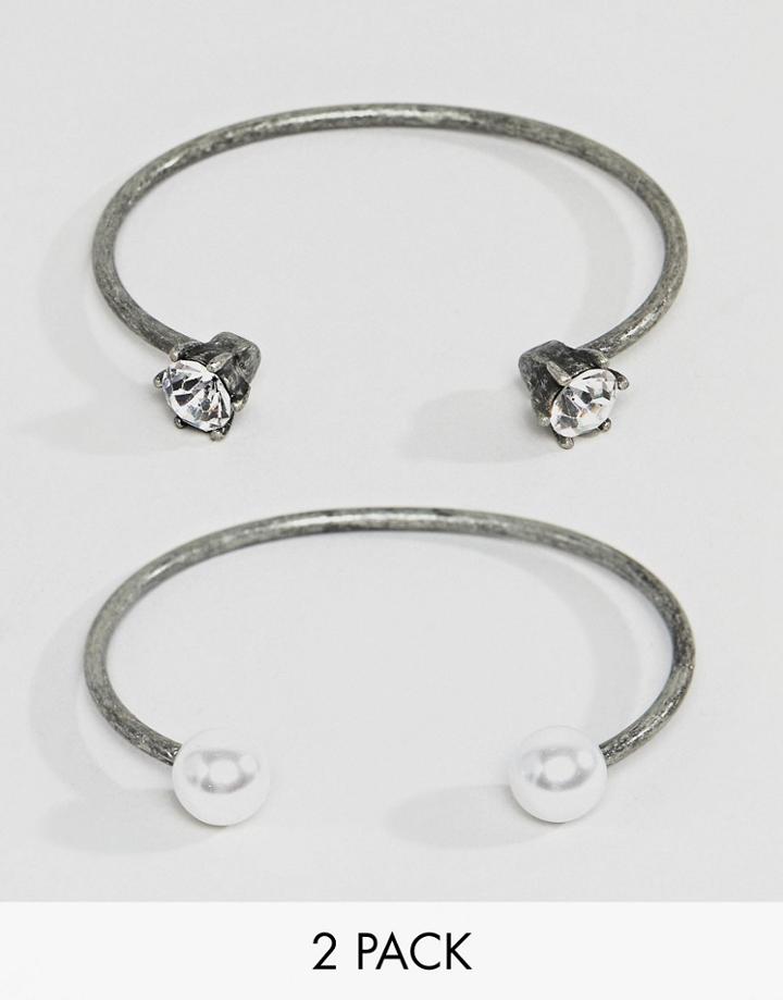 Steve Madden 2 Piece Pearl And Stone Casted Open Cuff Bracelet - Silver