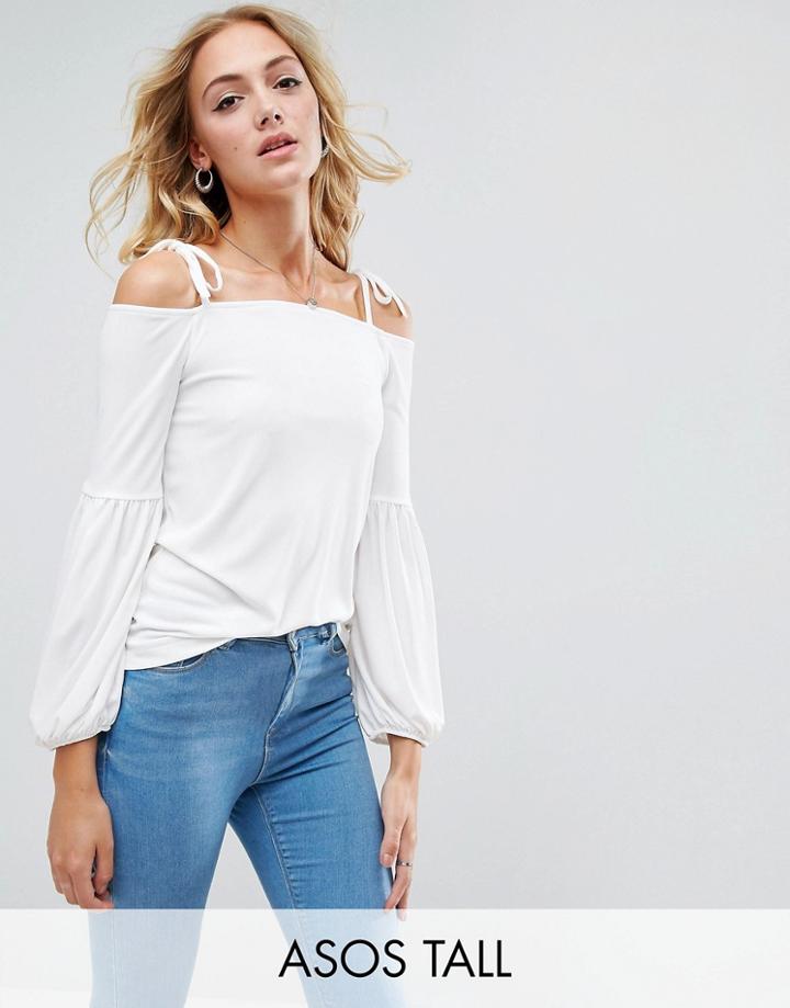 Asos Tall Top In Crepe With Off Shoulder And Pretty Bell Sleeve - Cream