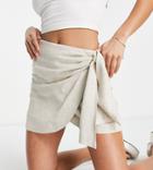 Asos Design Petite Linen Wrap Mini Skirt In Stone-neutral