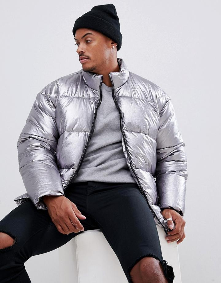 Asos Design Oversized Metallic Puffer In Silver