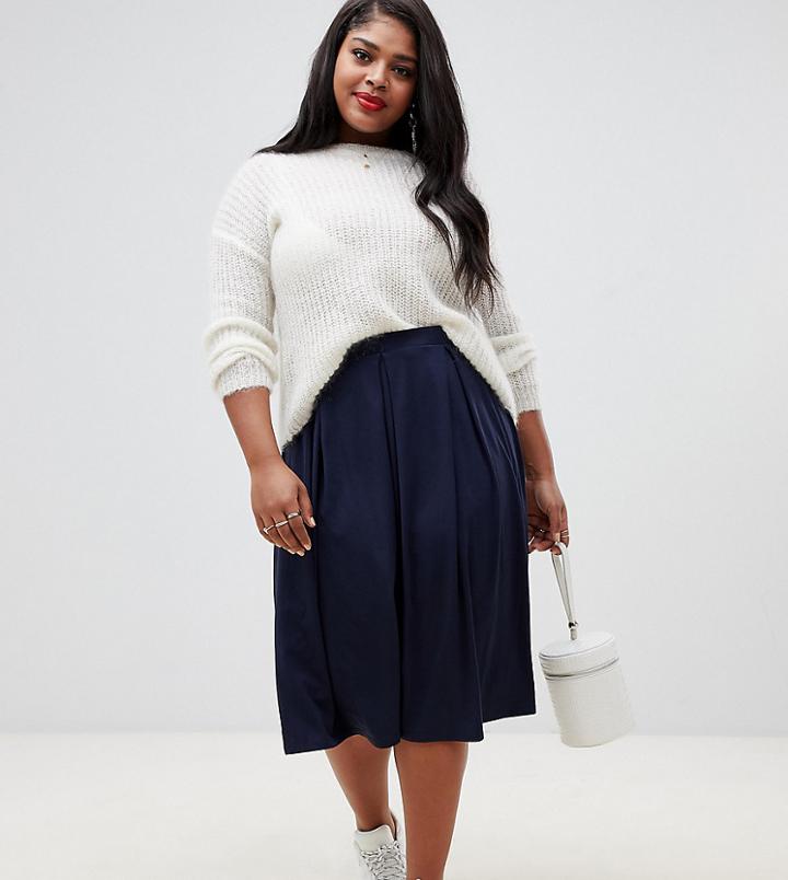 Asos Design Curve Midi Skirt With Box Pleats-navy