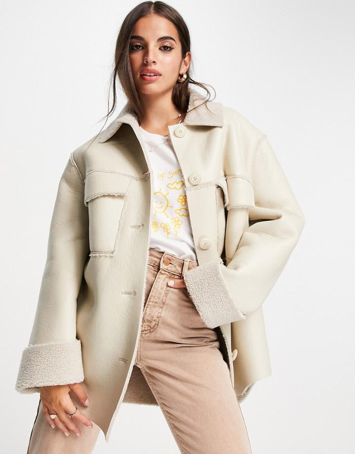 Asos Design Bonded Fleece Shacket In Cream-blues