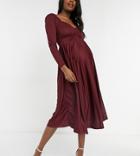 Asos Design Maternity Long Sleeve Ruched Bust Midi Dress In Berry-red