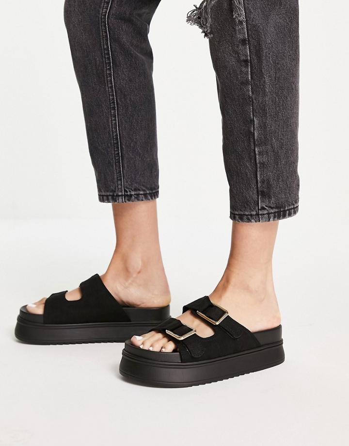 Truffle Collection Chunky Flatform Slider With Double Buckle In Black