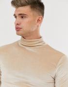 Asos Design Muscle Long Sleeve T-shirt In Velour With Roll Neck In Beige