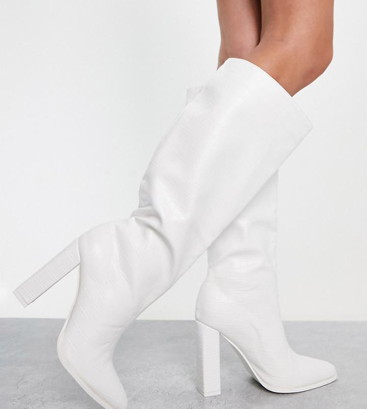 Public Desire Wide Fit Far Away Knee High Boots In White Croc