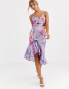 Lipsy Fit And Flare Midi Dress In Purple Floral Print - Purple