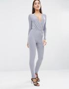 Club L Wrap Front Jumpsuit With Drawstring Waist - Gray