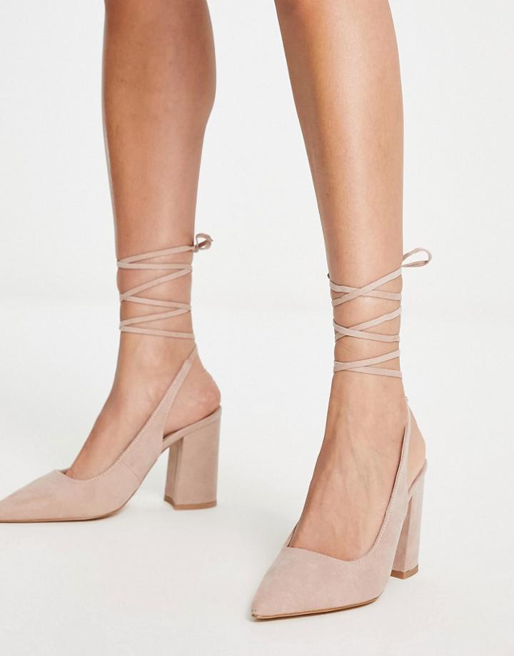 London Rebel Pointed Tie Leg Stiletto Heeled Shoes In Beige-neutral