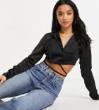 Missguided Petite Crop Shirt With Wrap Around Waist In Black