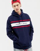 Tommy Jeans Relaxed Fit Fleece Hoodie With Chest Stripe And Logo In Navy - Navy