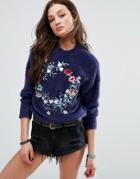 Pull & Bear Embroidered Fluffy Sweater - Navy