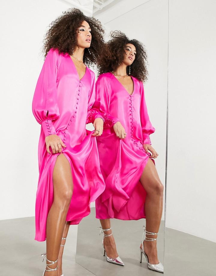 Asos Edition Button Front Midi Dress In Hot Pink