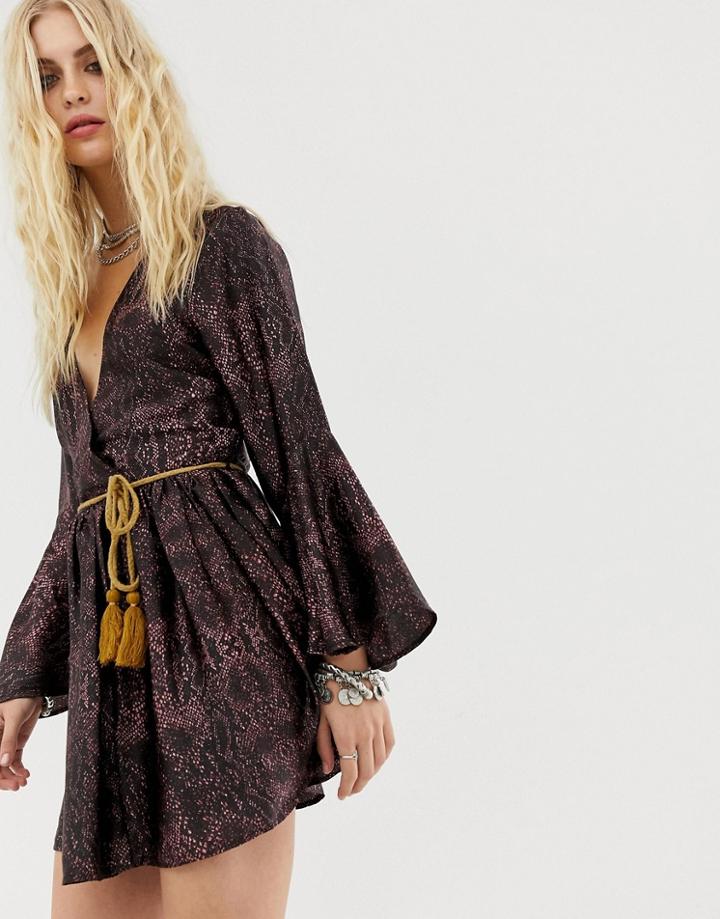 Sacred Hawk Wrap Dress In Snake With Cord Belt - Purple
