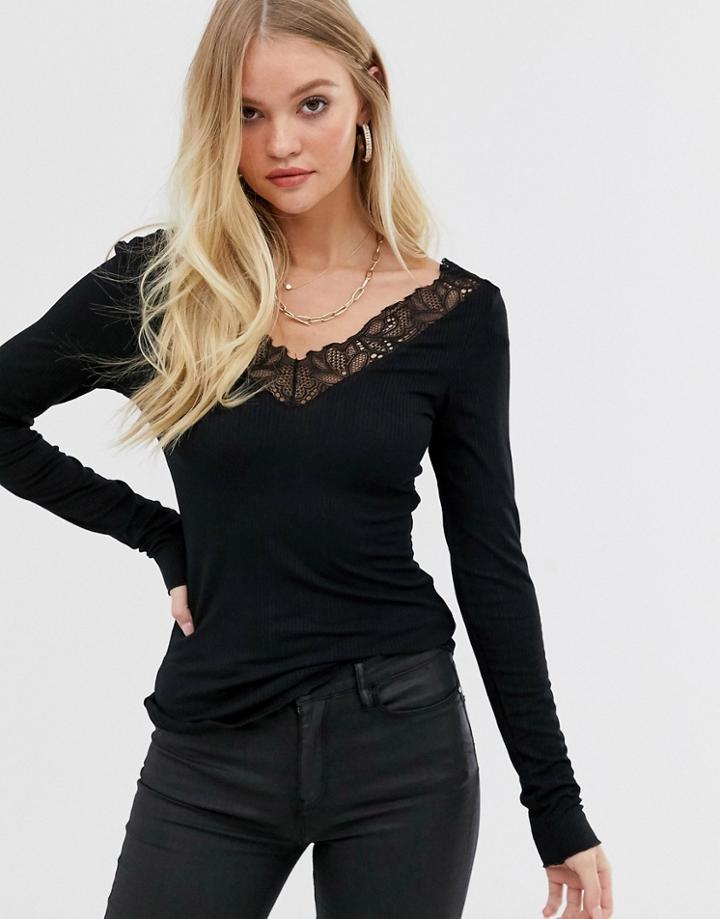 Y.a.s V Neck Rib Lace Trim Top - Black