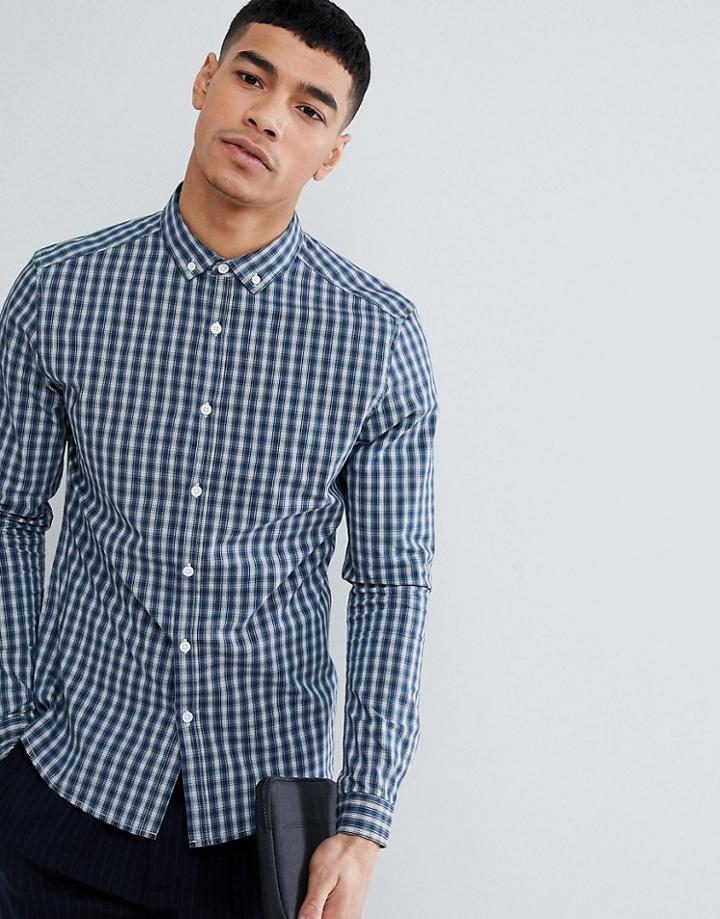 Asos Design Skinny Cvc Check Shirt With Wash - Navy
