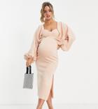 Asos Design Maternity Batwing Sweetheart Neck Body-conscious Midi Dress In Light Tan-pink