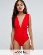 Asos Tall Gathered Waist Band Swimsuit - Red