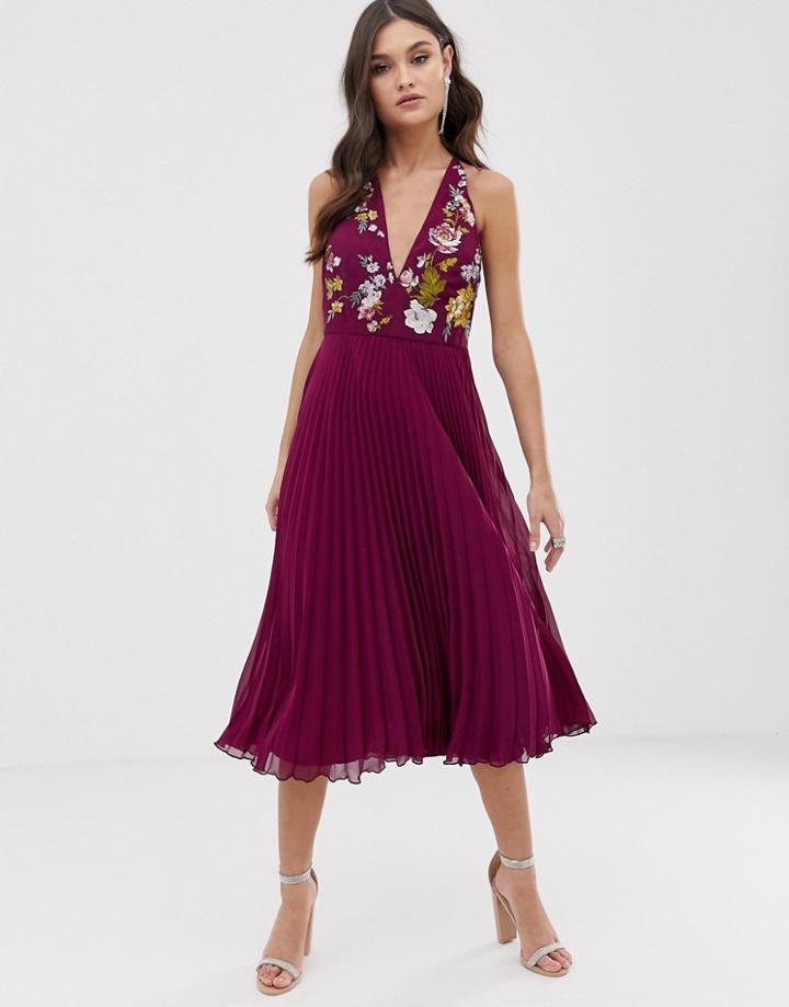 Asos Design Embroidered Midi Dress With Halter Neck And Pleated Skirt - Multi
