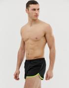 Asos Design Runner Swim Shorts In Black With Neon Green Binding - Black