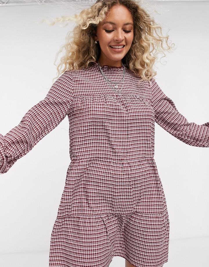 Only Ruffle Neck Mini Dress In Check Print-multi