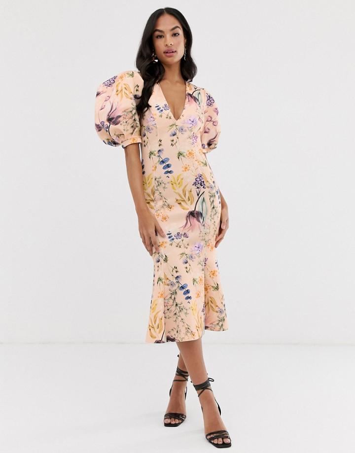 Asos Design Botanical Floral Bubble Sleeve Seamed Midi Dress-multi