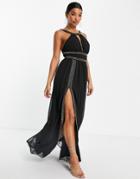 Goddiva High Neck Cut Out Maxi Dress In Black With Slit Front