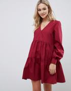 Asos Design Tiered Cotton Smock Mini Dress With Long Sleeves - Red