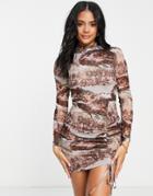 Missguided High Neck Mini Dress In Brown Renaissance Print